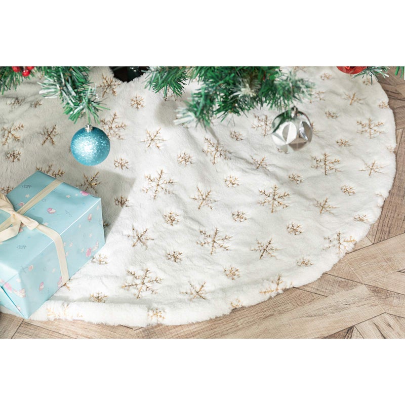 DegGod Plush Christmas Tree Skirts, 36 inches Luxury Snowy White Faux Fur Xmas Tree Base Cover Mat with Gold Snowflakes for Xmas New Year Home Party Decorations (36 inches, Gold) - Image 5